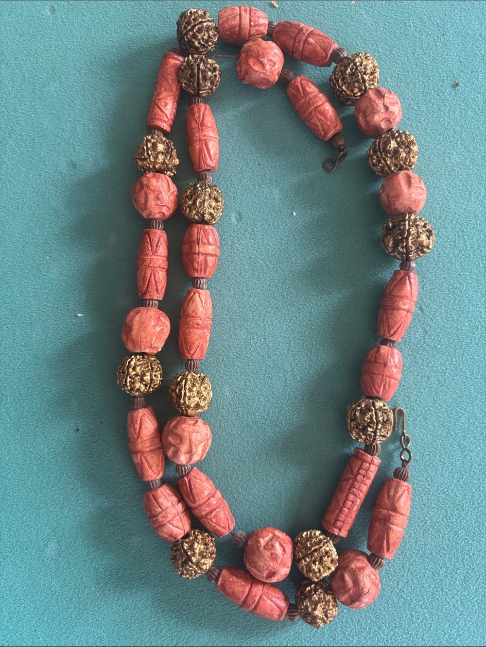 Vintage rare Chinese Carved Cinnabar coral  Bead necklace